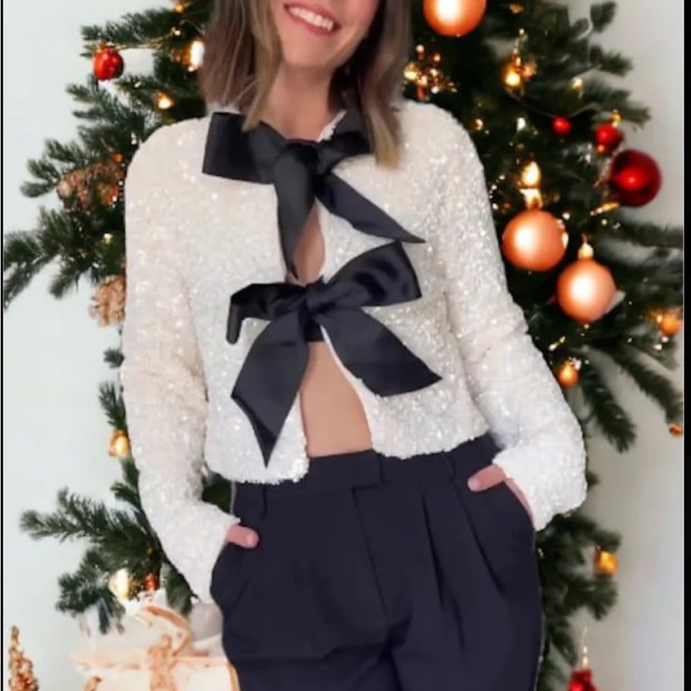 H&M viral bloggers fav white sequin black bow ribbon tie front cardigan / blouse - Picture 4 of 13